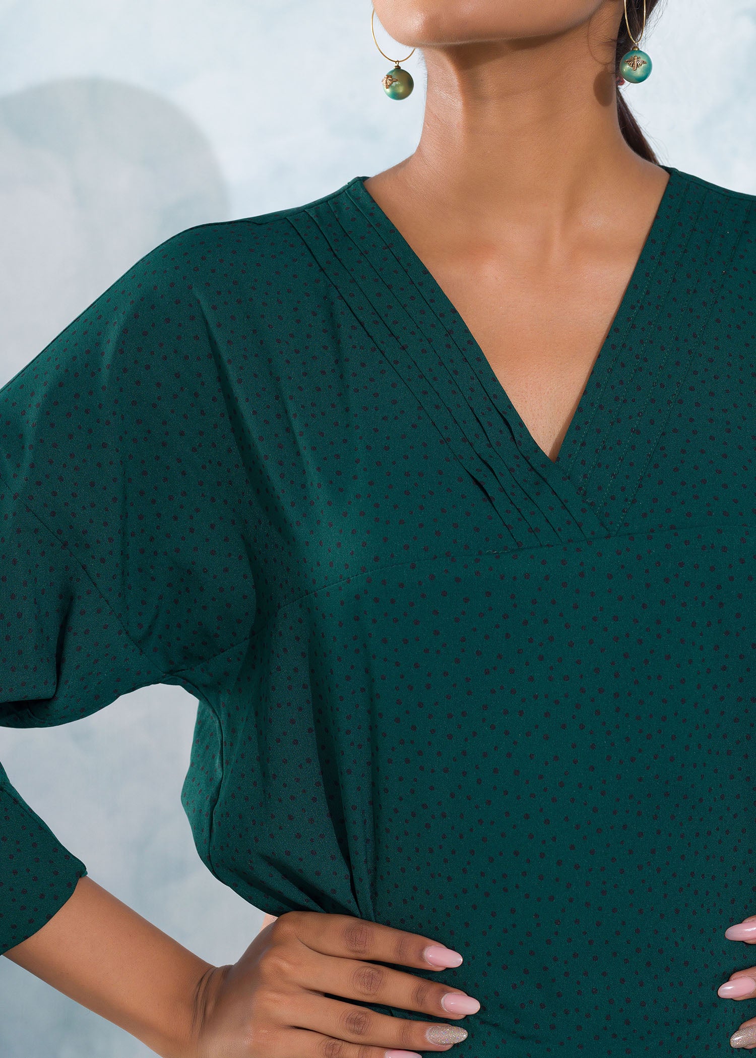 Pleated V-Neck Bell Sleeve Top