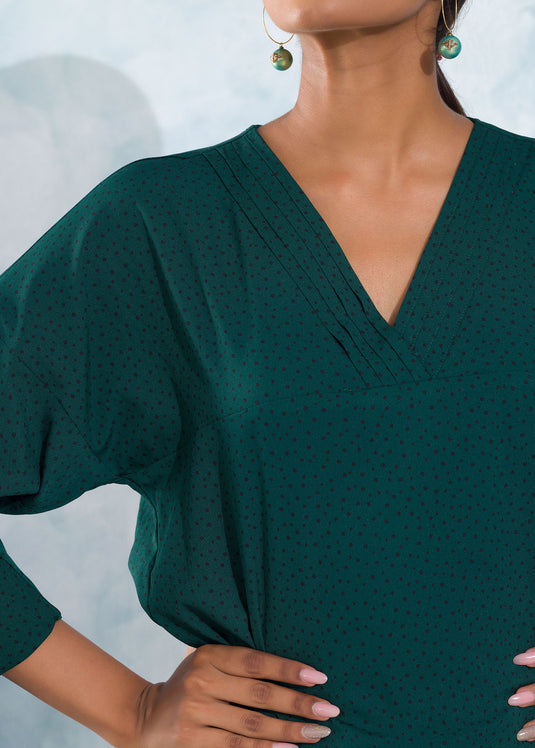 Pleated V-Neck Bell Sleeve Top