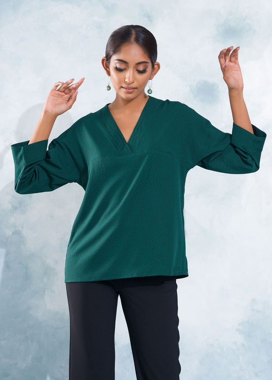 Pleated V-Neck Bell Sleeve Top