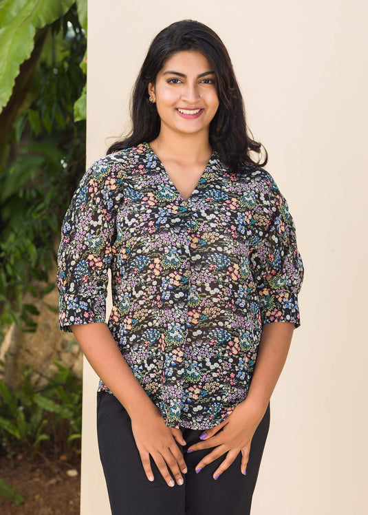 Front pleat detailed v-neck blouse