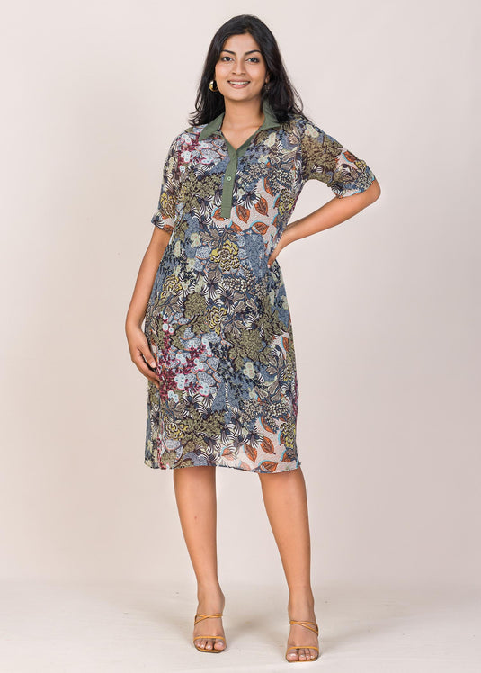 Contrast Placket Detailed Midi Dress