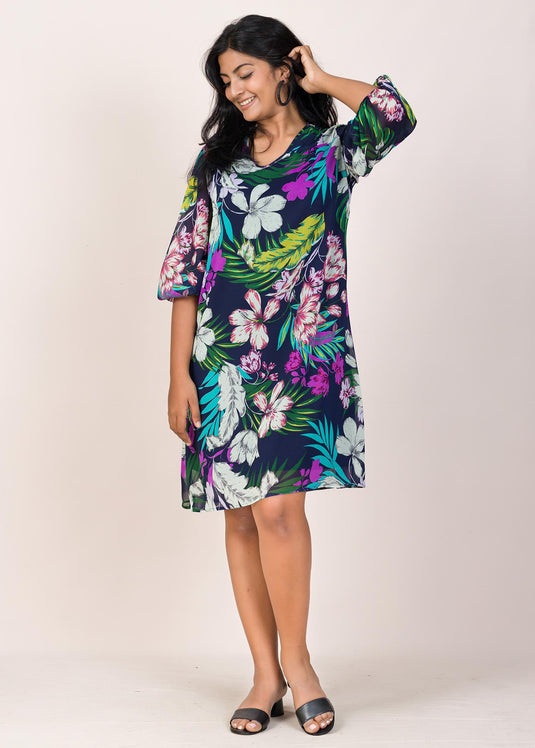 Floral Printed Puff Sleeve Detailed V-Neck Dress