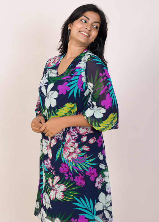 Floral Printed Puff Sleeve Detailed V-Neck Dress