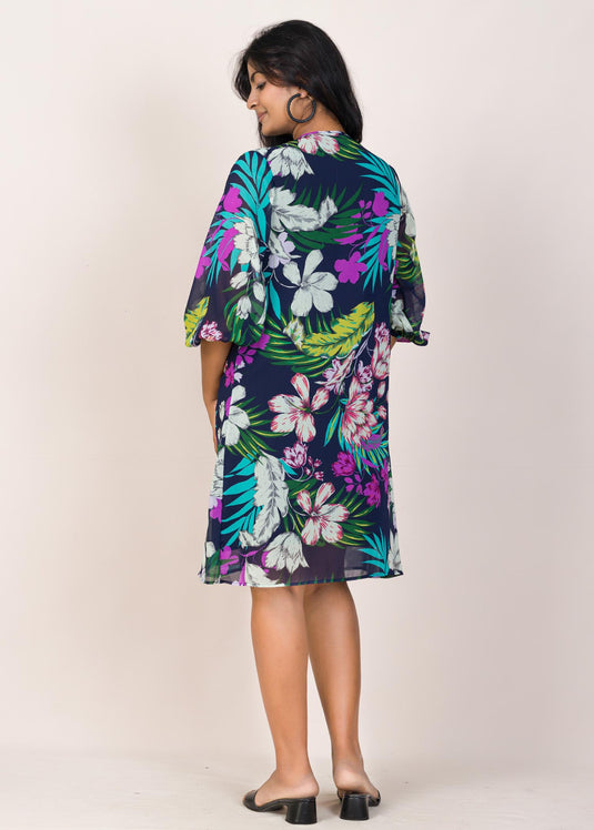Floral Printed Puff Sleeve Detailed V-Neck Dress