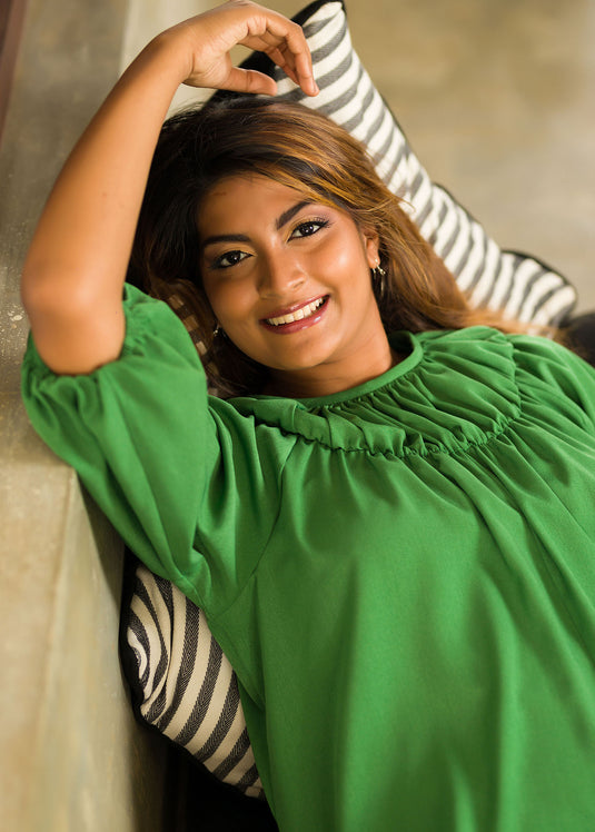 Green Gathered Yoke Detail Dress