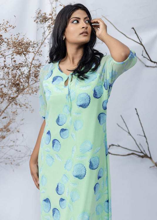 SEA SHELL PRINTED DRAPPY DRESS