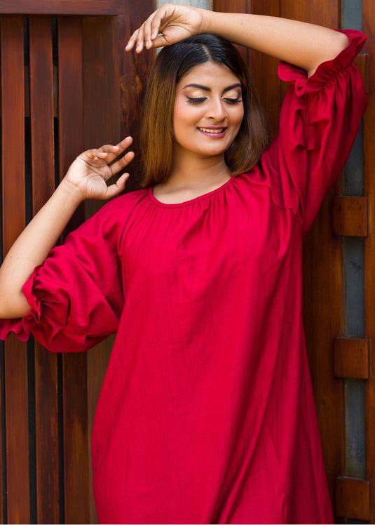 Puff Sleeve Detailed Flared Dress
